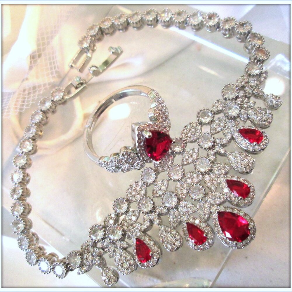 Ruby Pear Cut Gemstone Bracelet Ring Set 18k Gold… - image 1